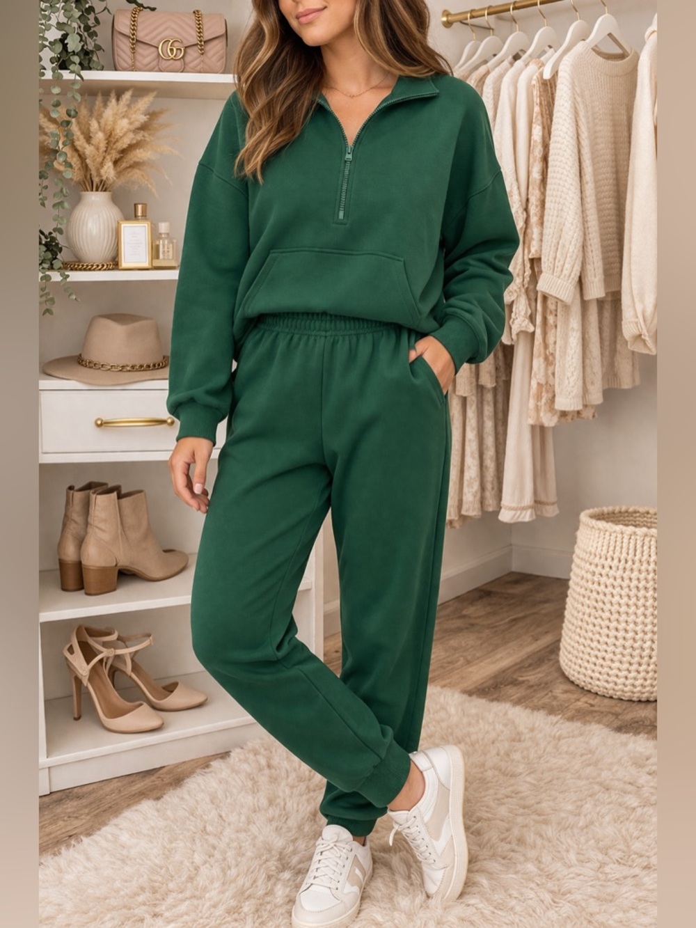 Zenana Green Half Zip Pullover Jogger Set Lounge Set Athleisure - Size XL